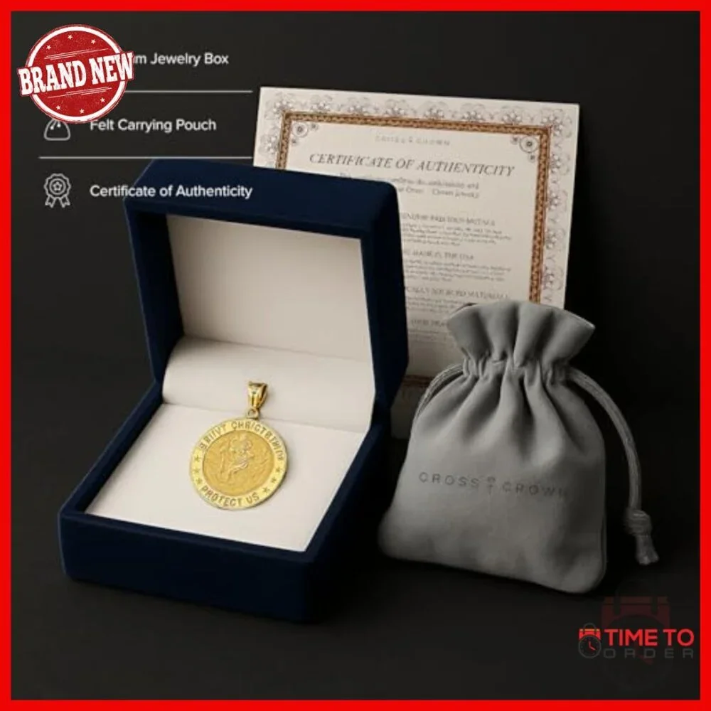 14K Gold Saint Christopher Pendant, Travel Protection Religious Jewelry